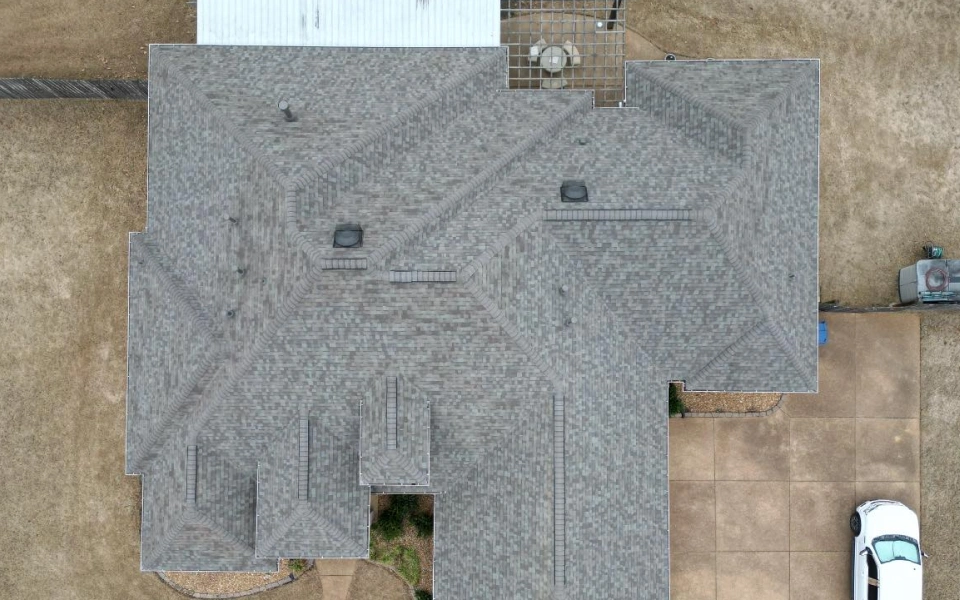 Gray roofed house top view